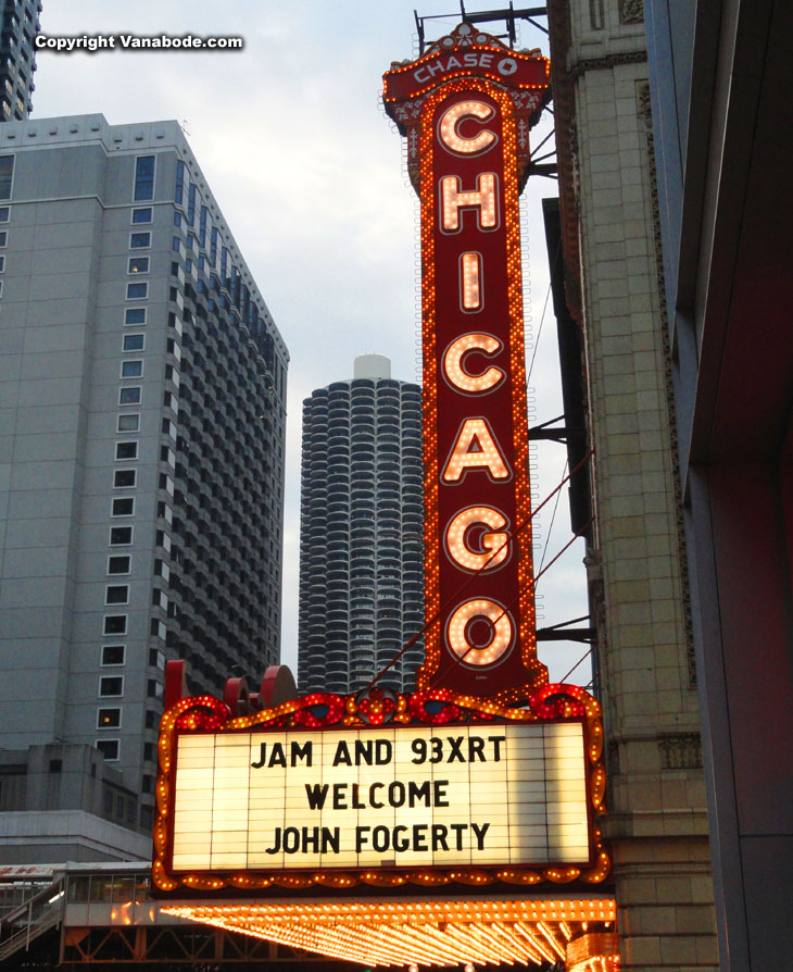 lighted sign in chicago for chase bank and John Fogerty