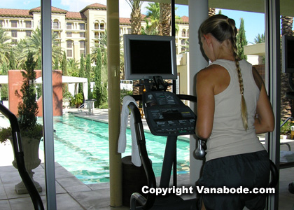 picture taken from inside the fitness center overlooking the lap pool at green valley ranch