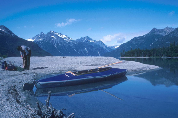 picture taken of kayaker on crescent lake in lake clark national park and preserve alaska