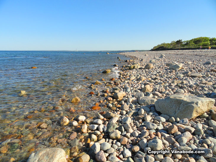 pebbly stony boardwalk beach is hard t run on but pretty in the summer