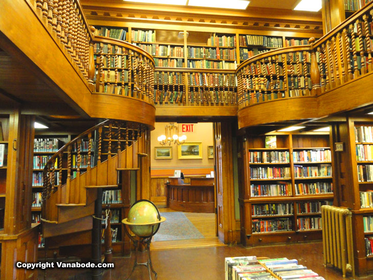 ornate wood stairs at st johnsbury athenaeum